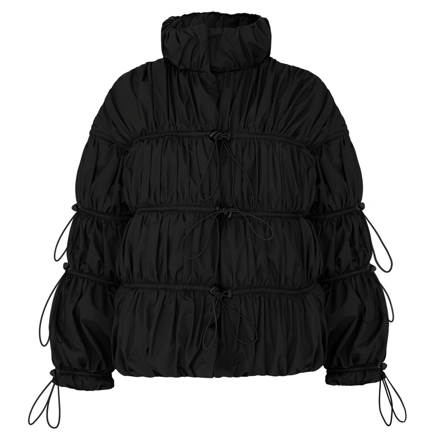 Black puffer jacket with tiered design