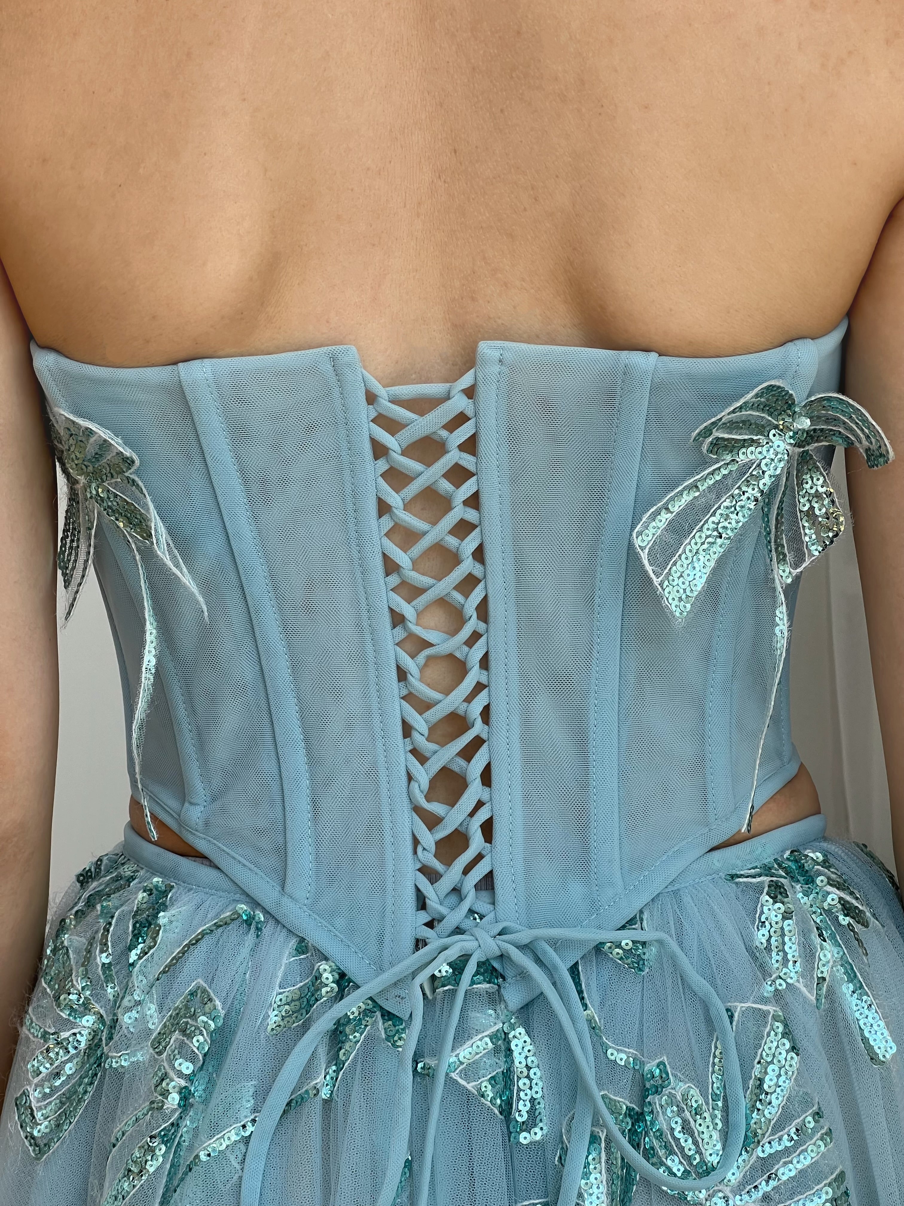 Blue midi two piece dress with embroidered butterflies