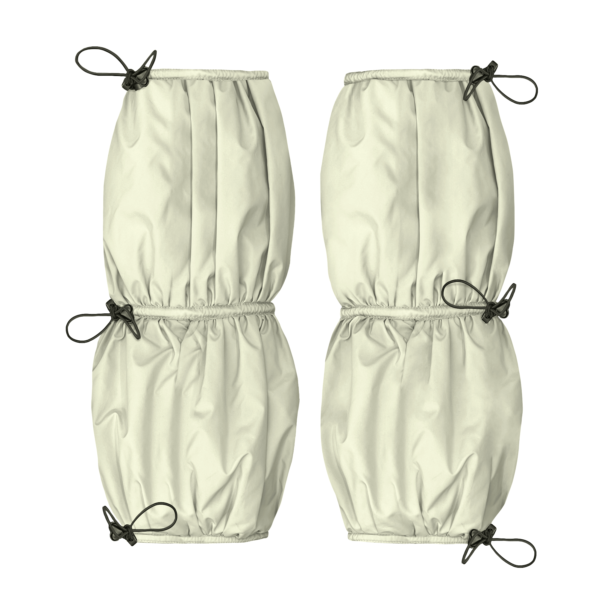 Pair of beige leg warmers with black drawstrings