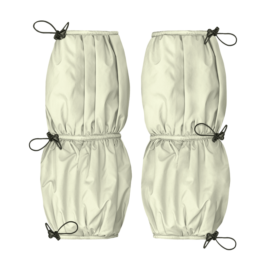Pair of beige leg warmers with black drawstrings