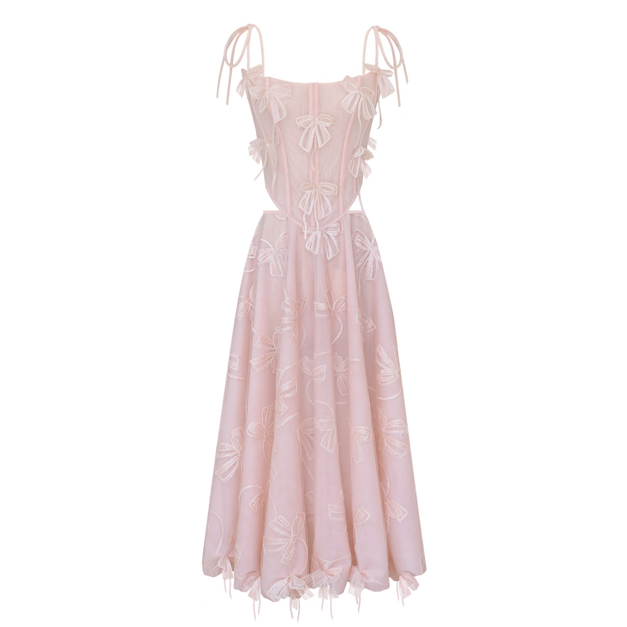 Pink midi two piece dress with embroidered butterflies