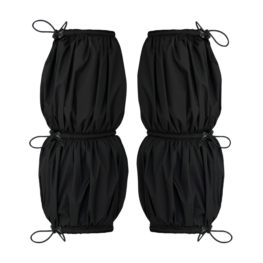 Pair of black leg warmers with drawstrings 