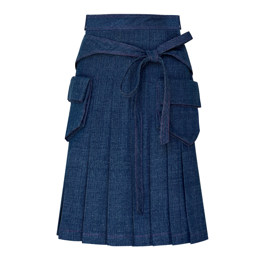 Blue denim midi skirt with a tie waist