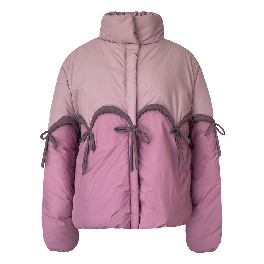 Pink puffer jacket with gray ribbons