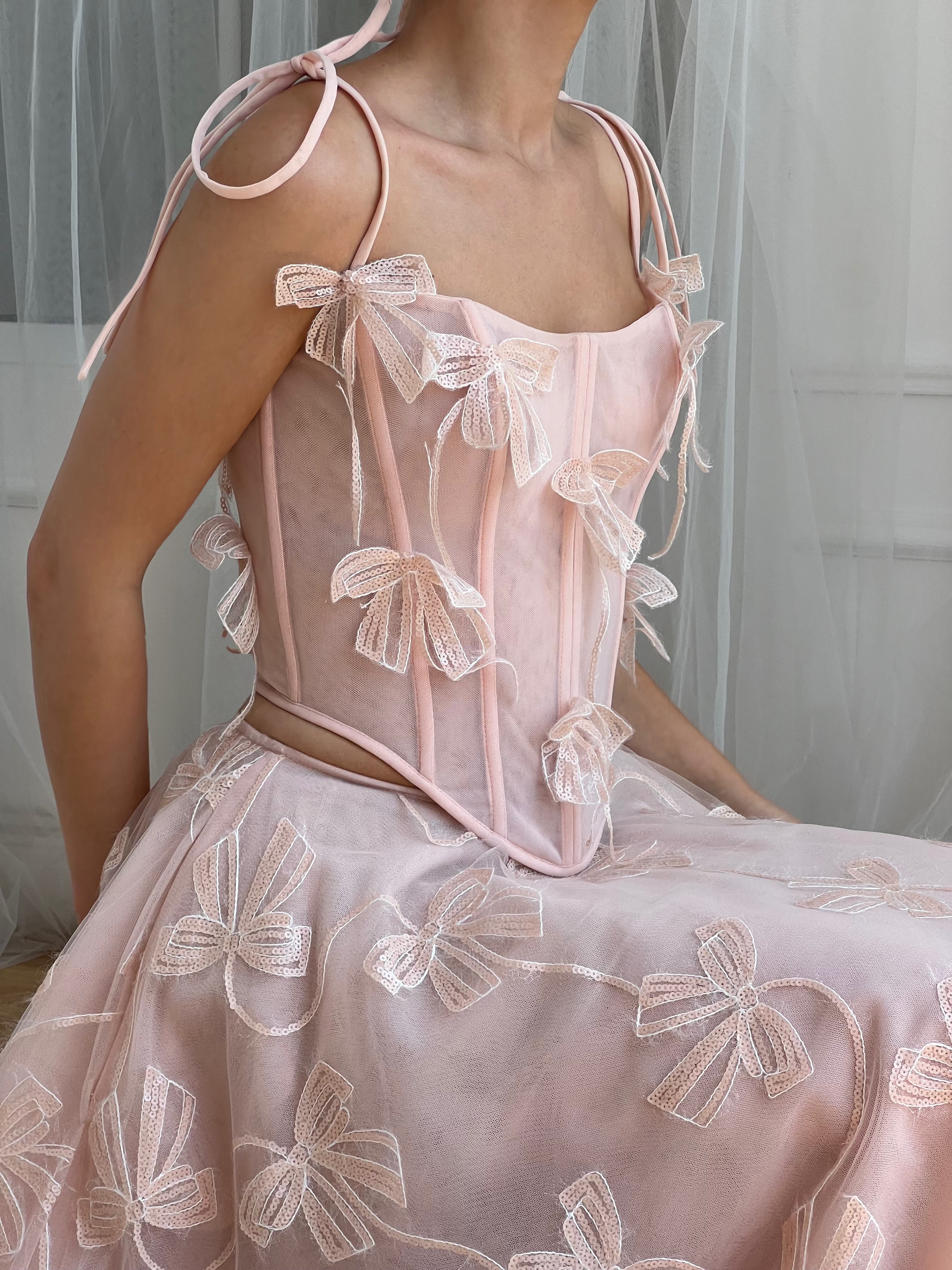 Pink midi two piece dress with embroidered butterflies