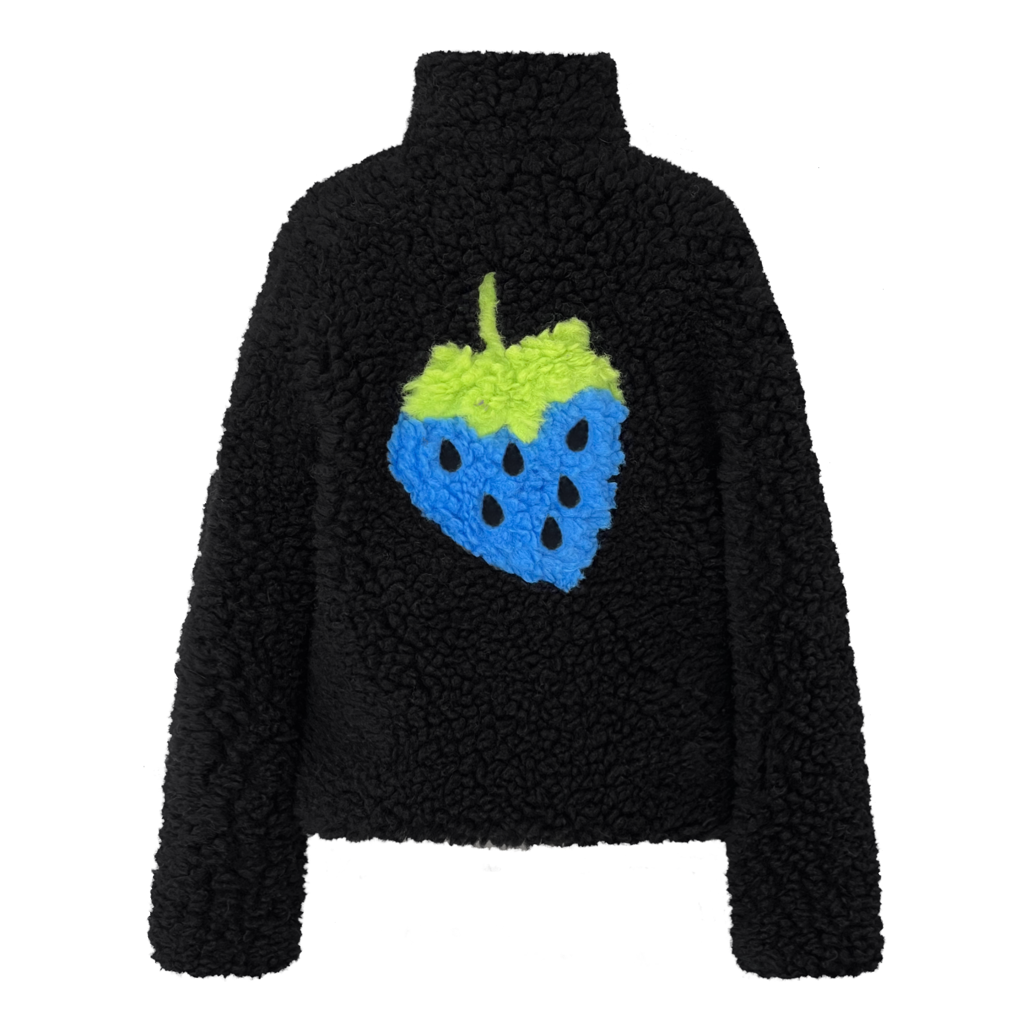 Black fleece jacket with a colorful strawberry design
