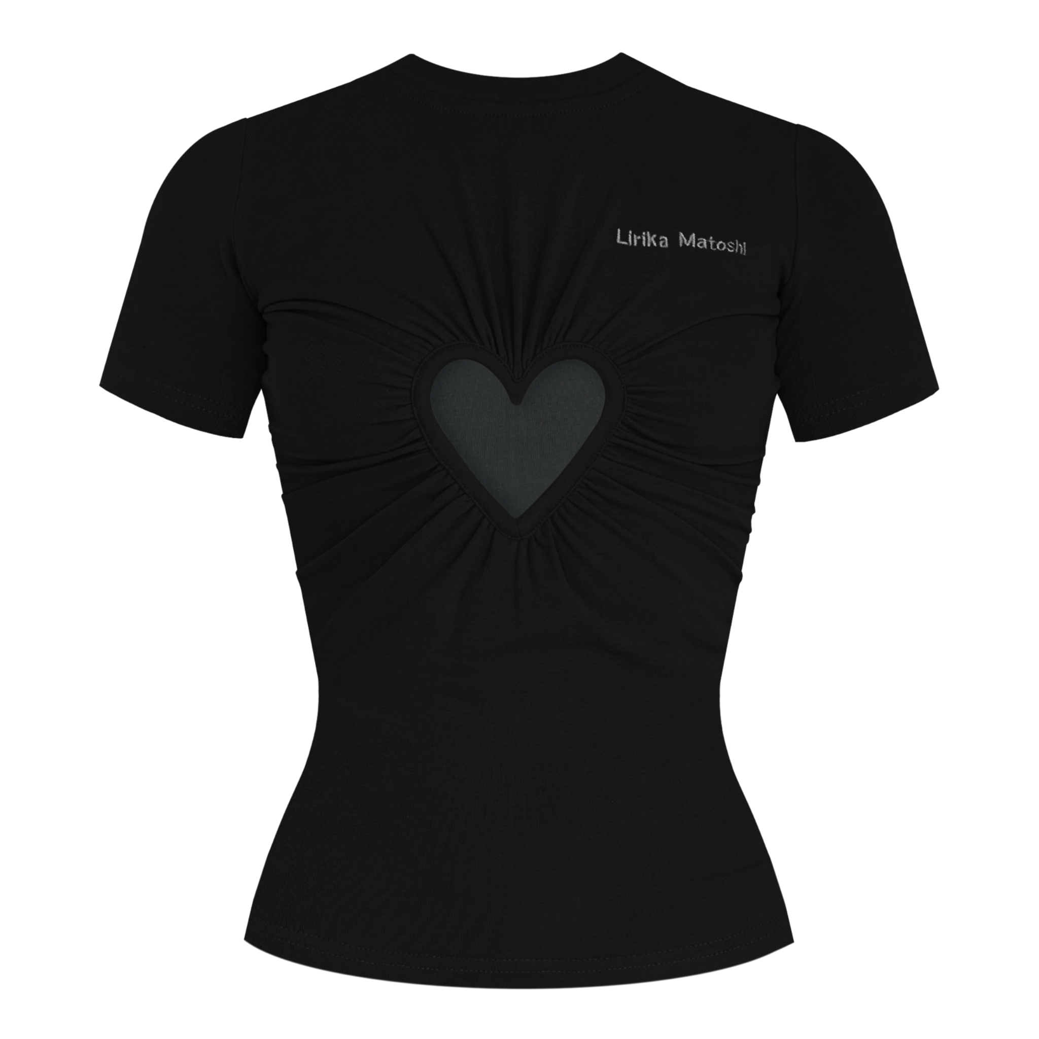 Black t-shirt with a heart design and embroidered logo brand