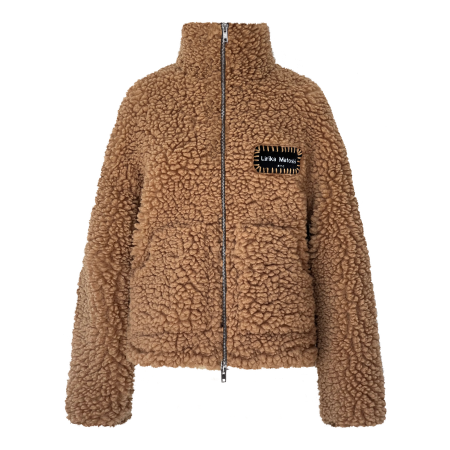 Brown fleece jacket with a brand logo