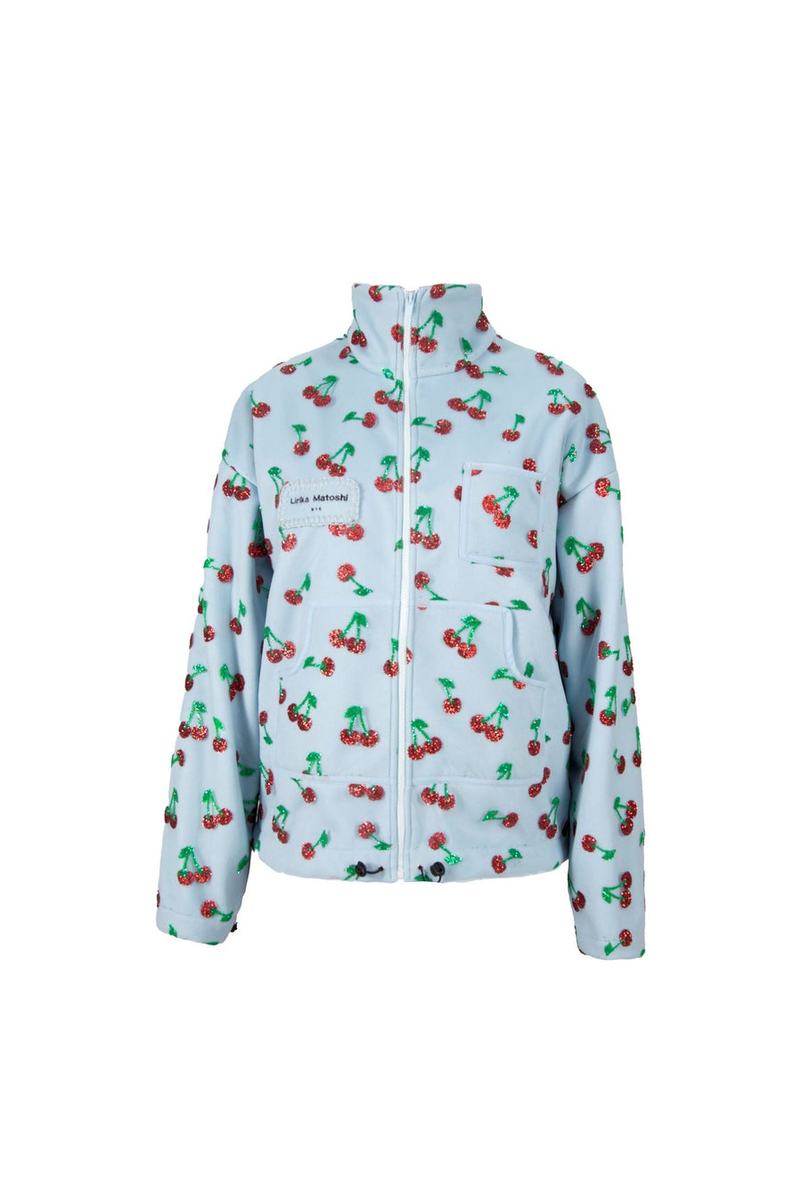 Blue wool jacket with embroidered cherries