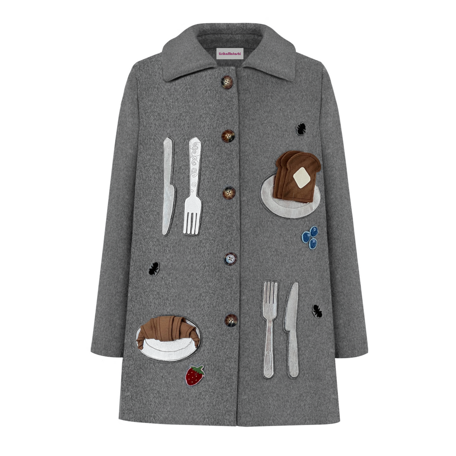Gray coat with food-themed appliqués