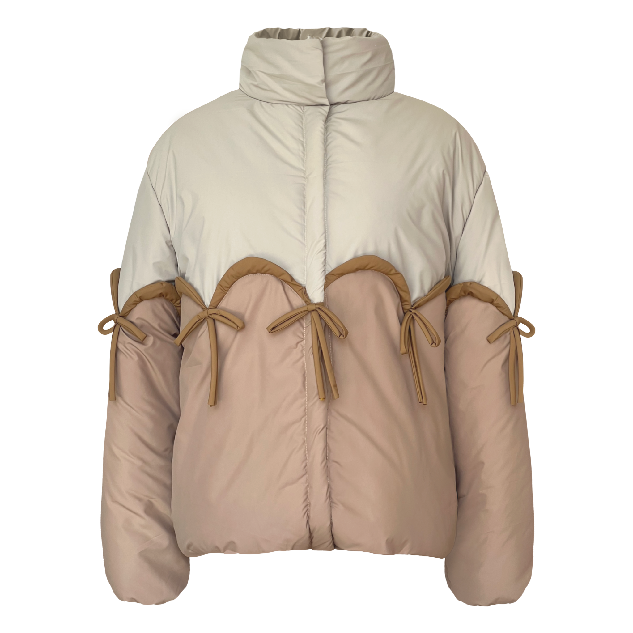 Two-tone puffer jacket with beige top and brown bottom