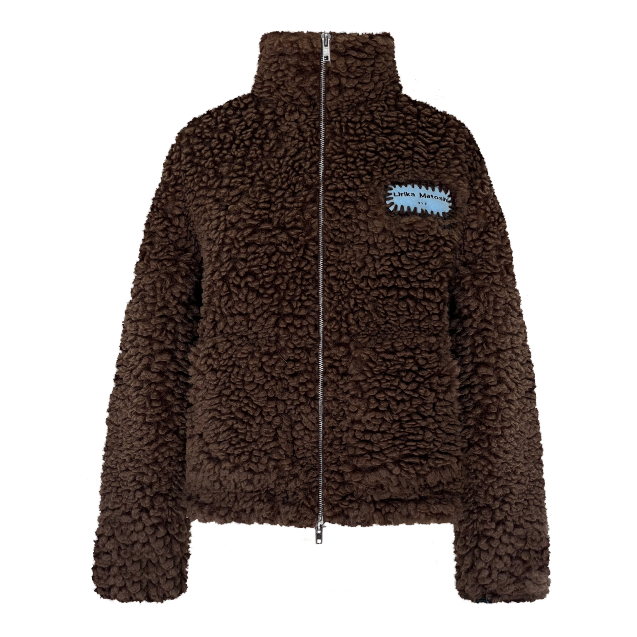 Brown sherpa jacket with a blue patch
