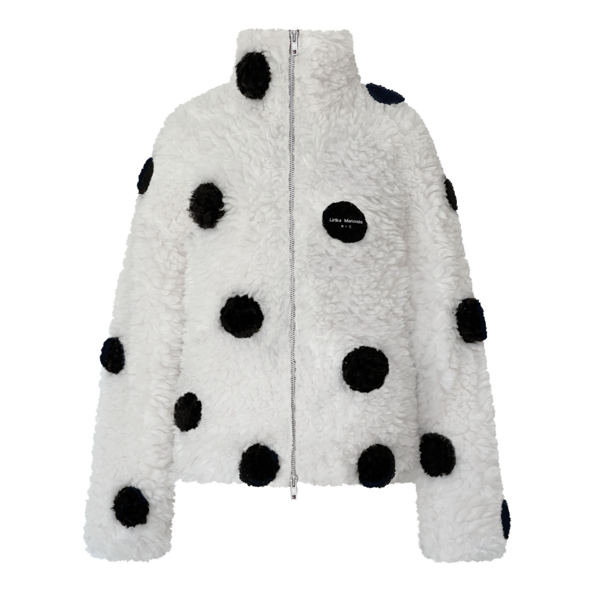 White fleece jacket with black polka dots