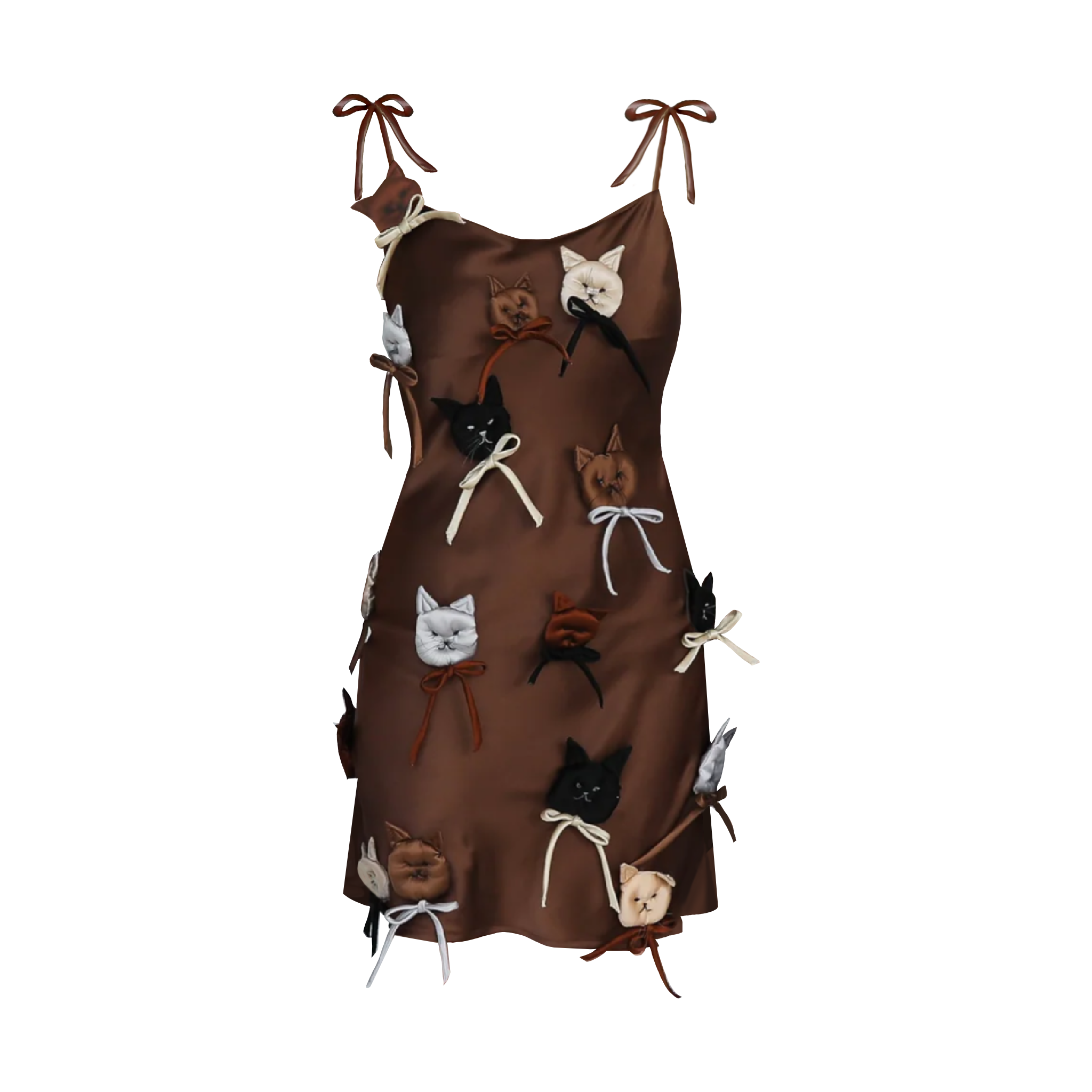 A brown sleeveless silk dress with decorative cat shapes and bows on the front.