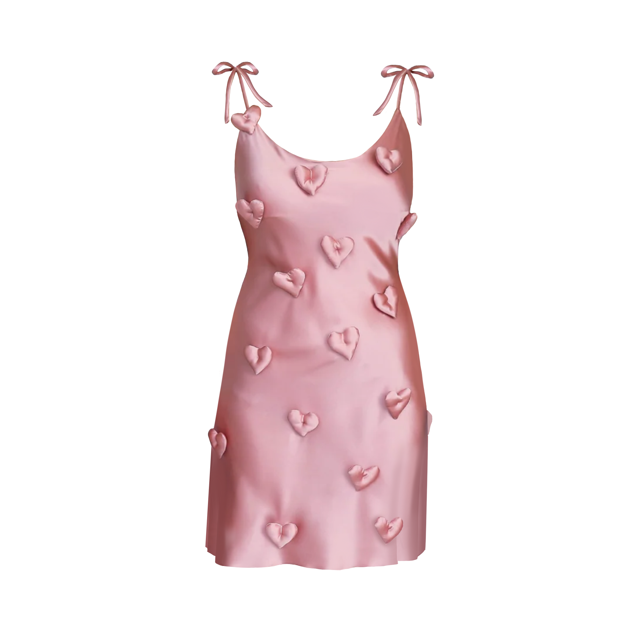 A pink sleeveless silk dress with heart details and ribbon straps.