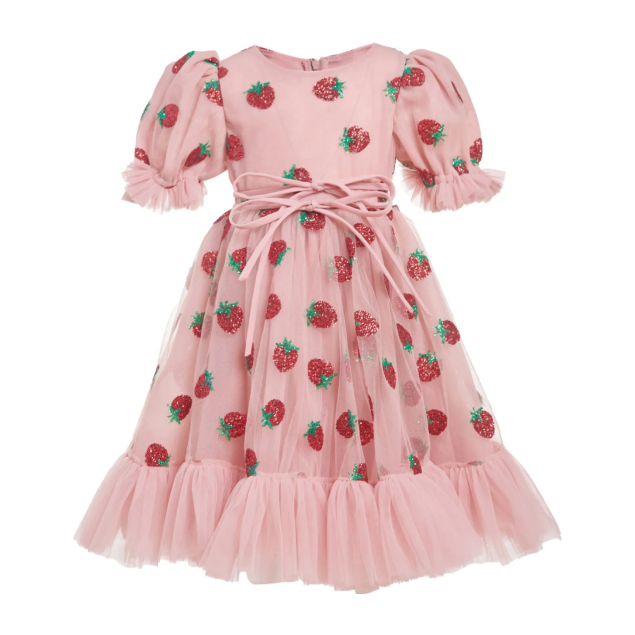 Pink dress with strawberry pattern on a white background