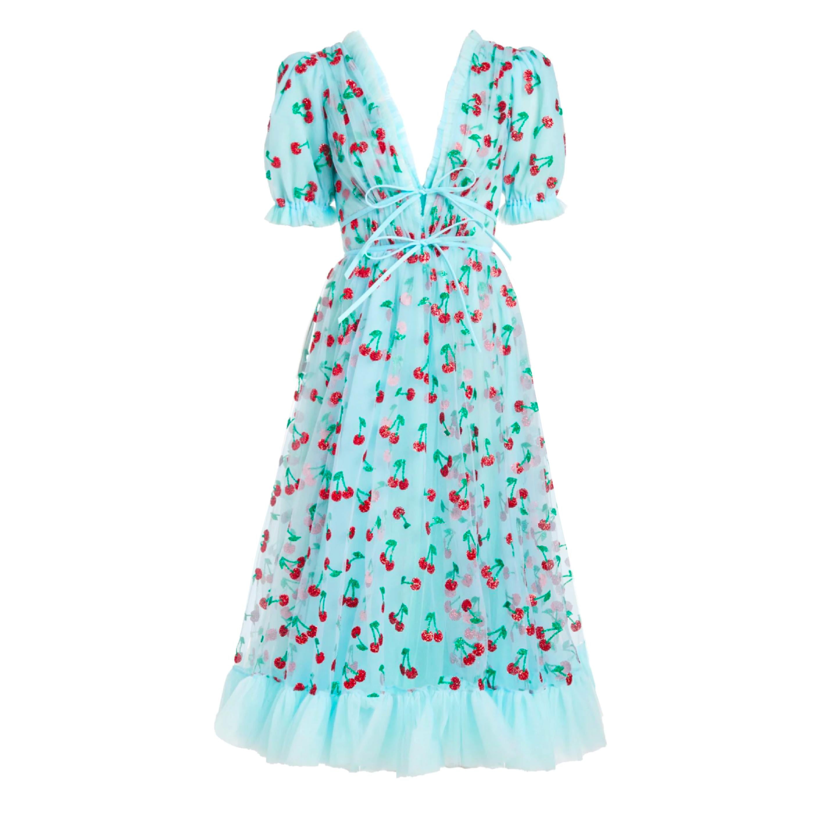 Blue midi dress with cherries