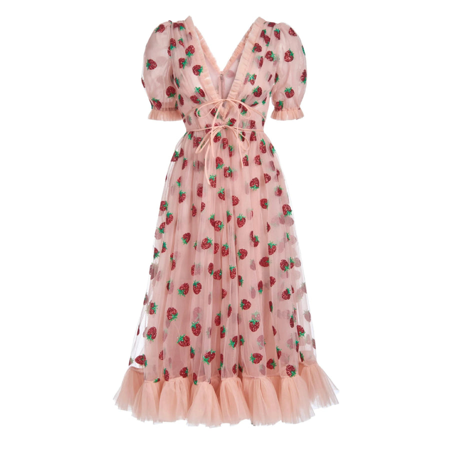 Midi pink dress with strawberries