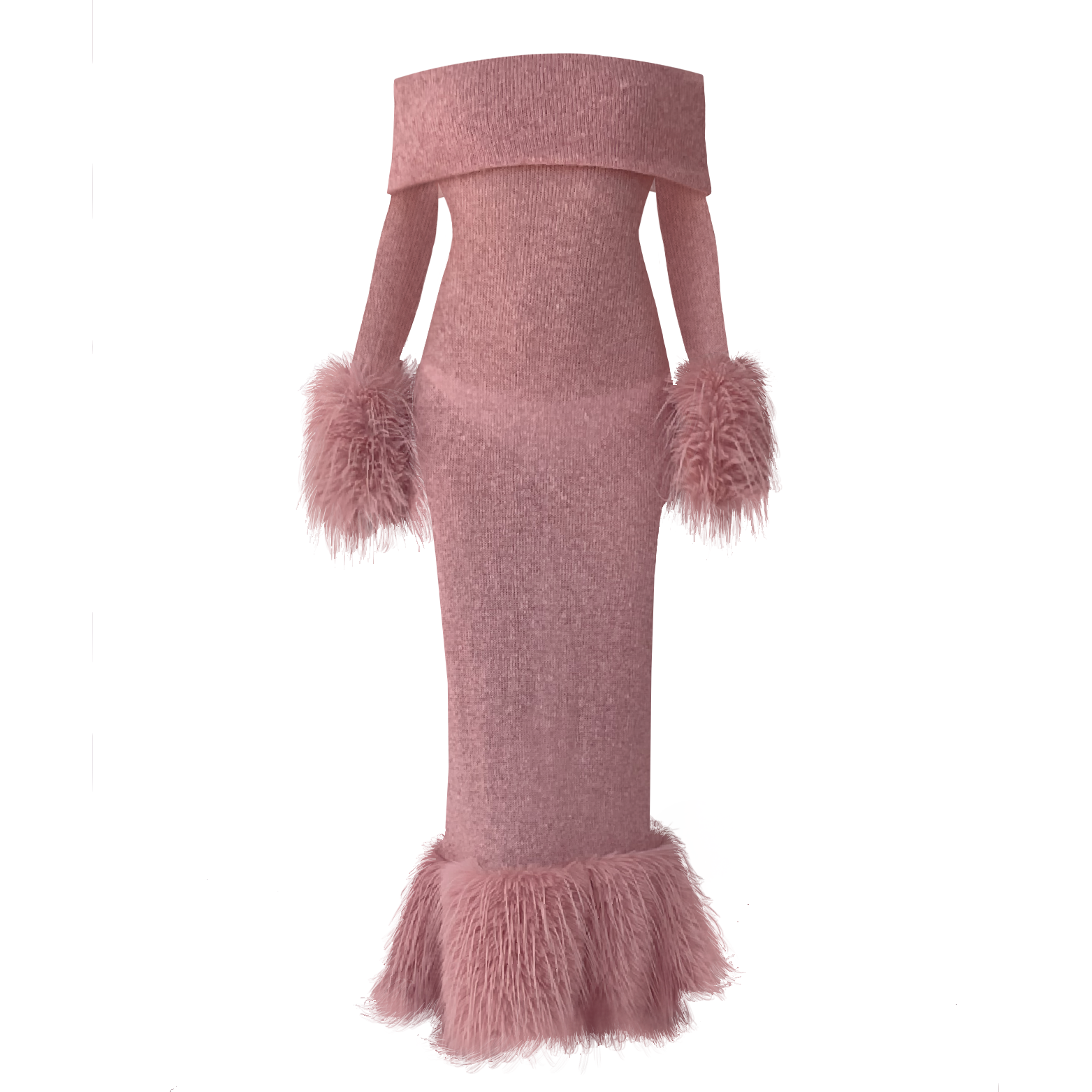 Pink sheath dress with fur and long off the shoulder sleeves