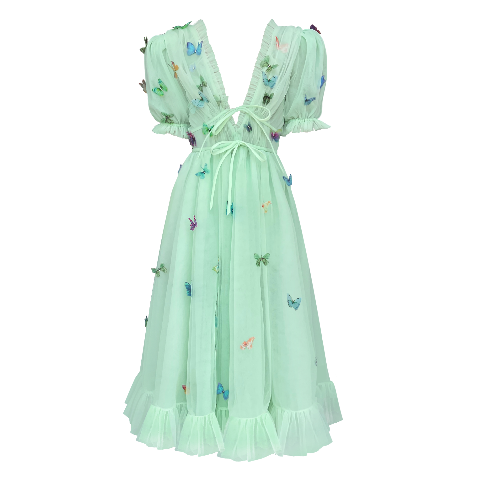 Green midi dress with embroidered butterflies, short sleeves and v-neck
