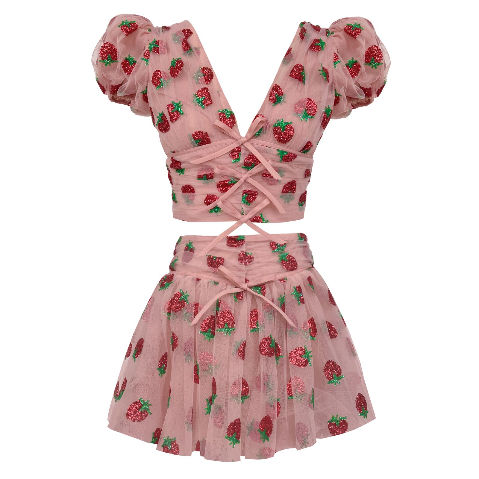 A two-piece outfit with a pink top and skirt, both adorned with strawberry patterns and tied with red ribbons at the waist and neckline.