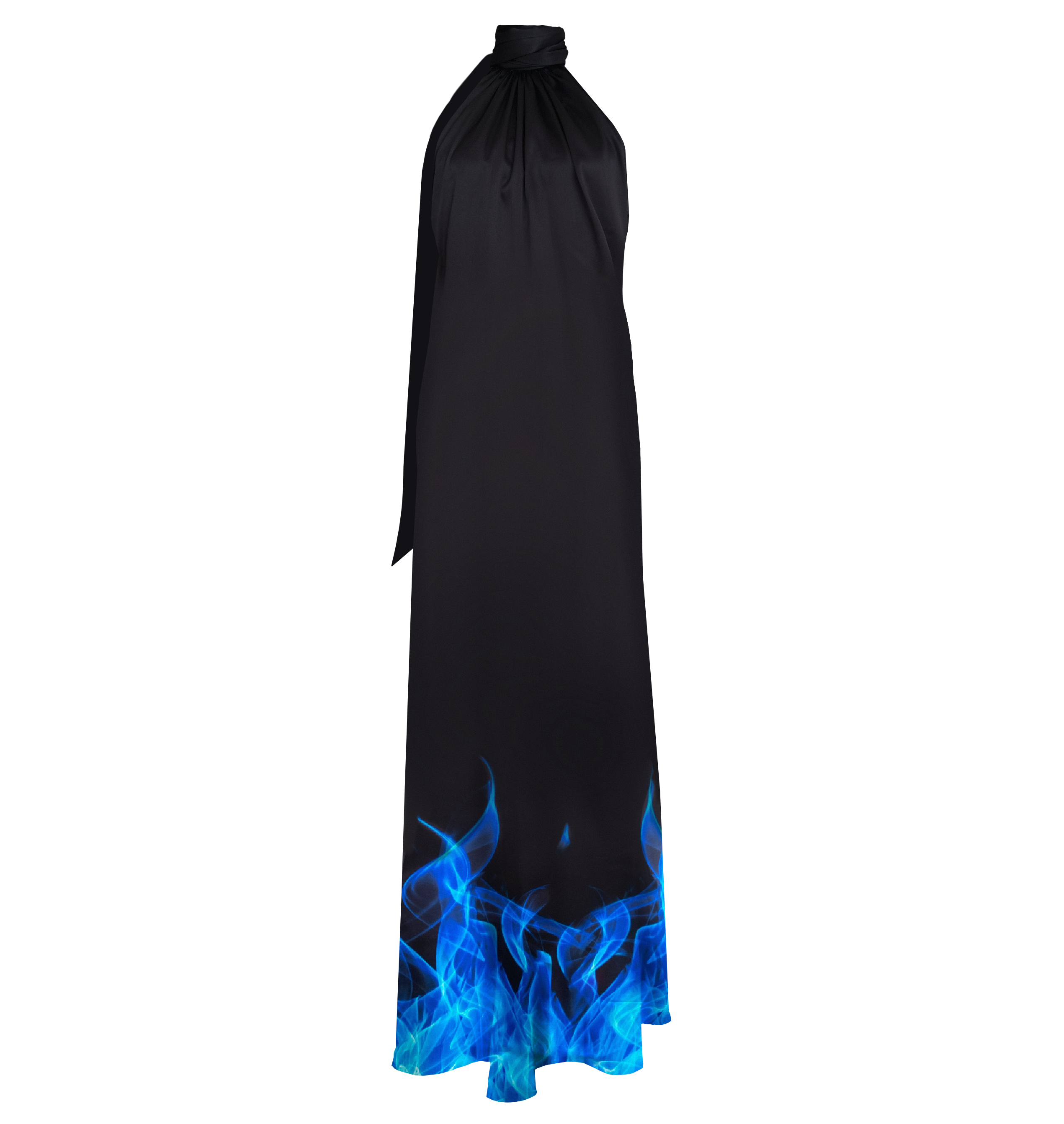 Blue maxi silk dress with blue flames