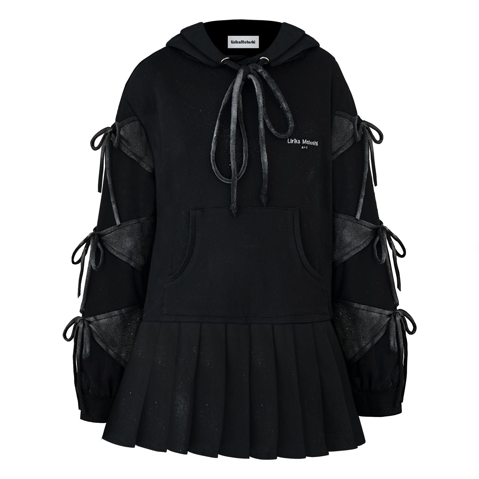 black sweatshirt dress with bows and long sleeves