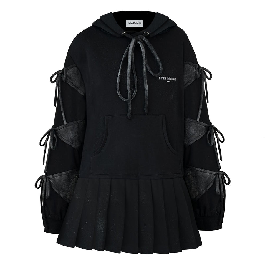 black sweatshirt dress with bows and long sleeves