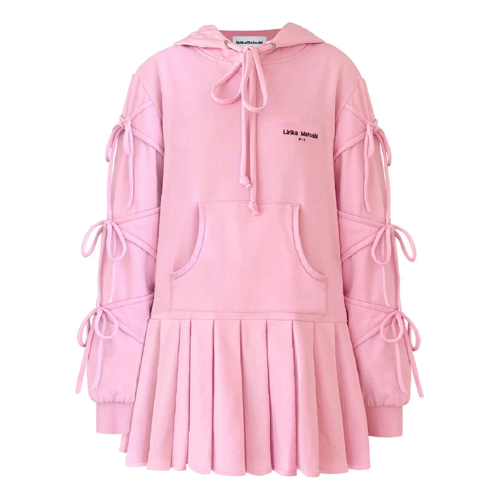 pink sweatshirt dress with bows and long sleeves