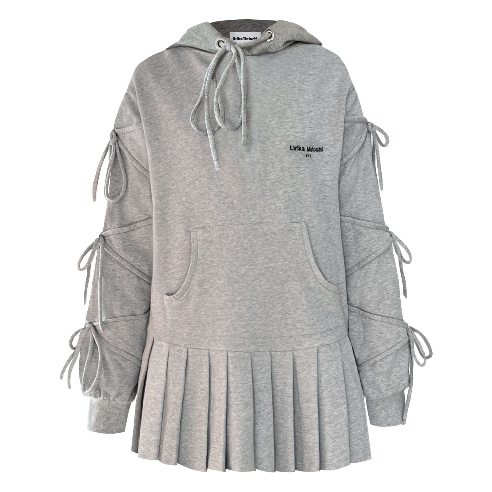 grey sweatshirt dress with bows and long sleeves