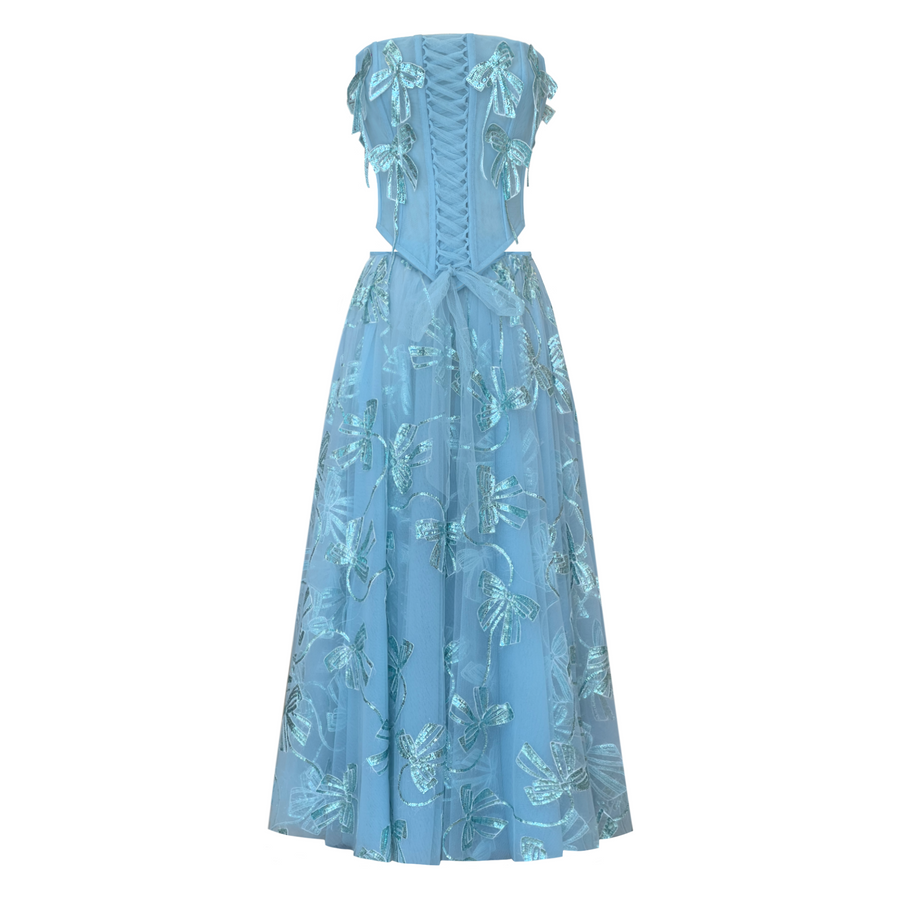 Blue midi two piece dress with embroidered butterflies