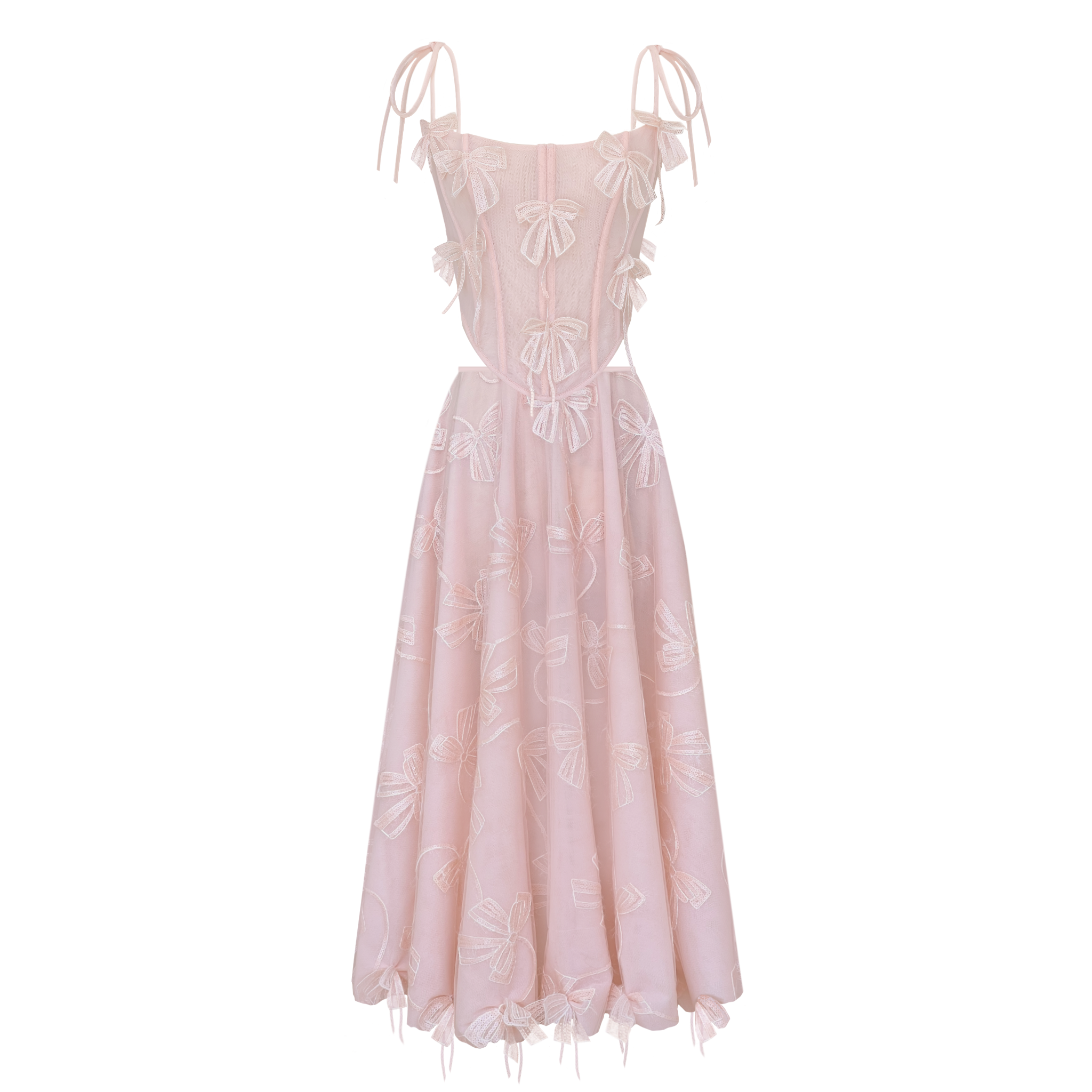 Pink midi two piece dress with embroidered butterflies