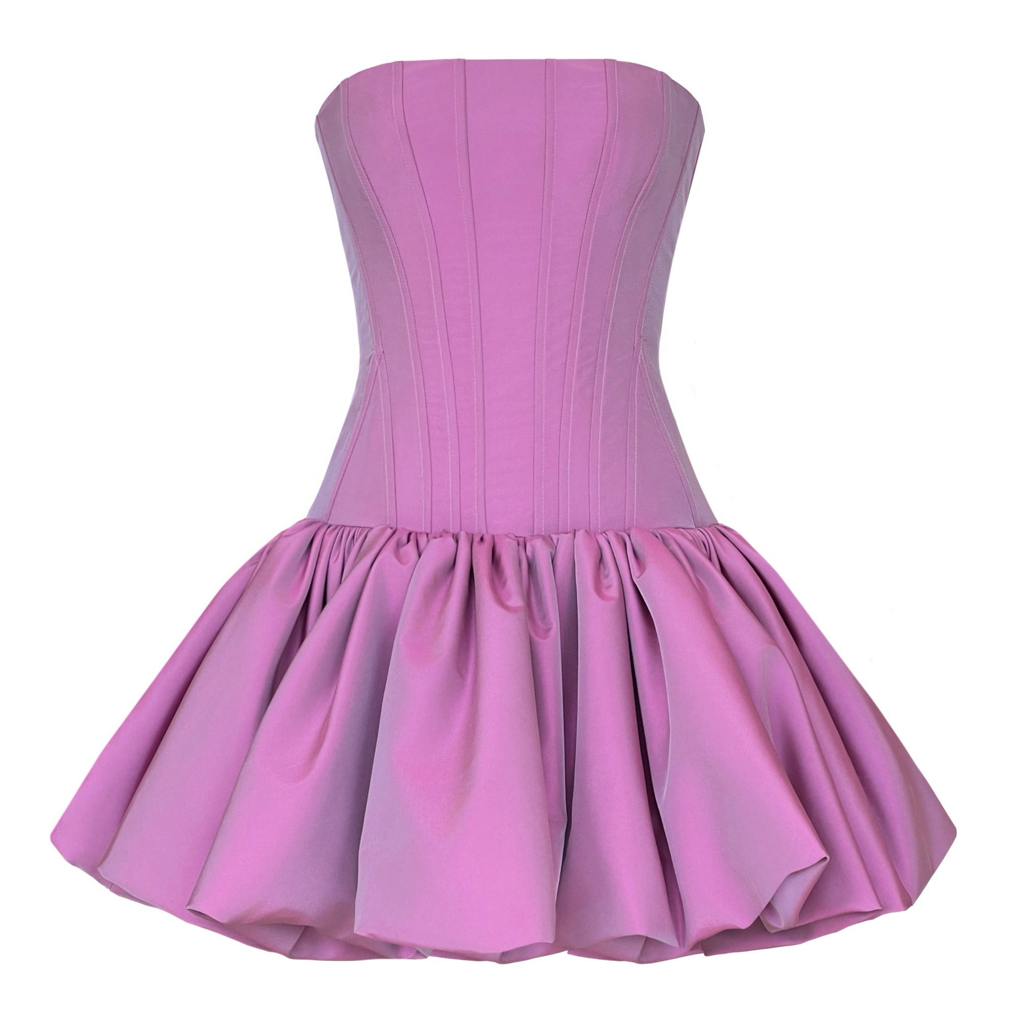 Pink strapless mini dress with a fitted bodice and flared skirt