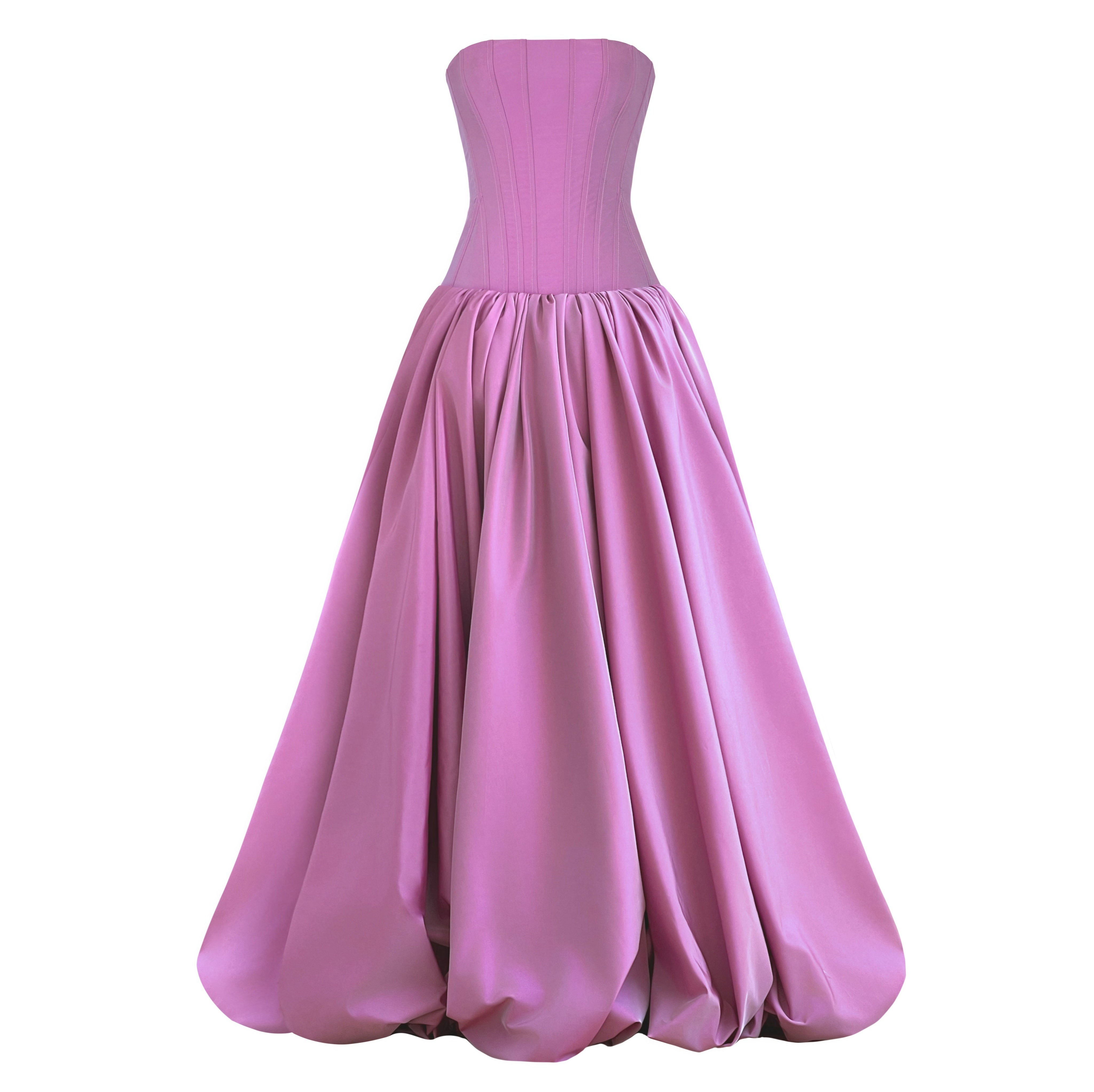 Pink strapless maxi dress with a fitted bodice and flared skirt
