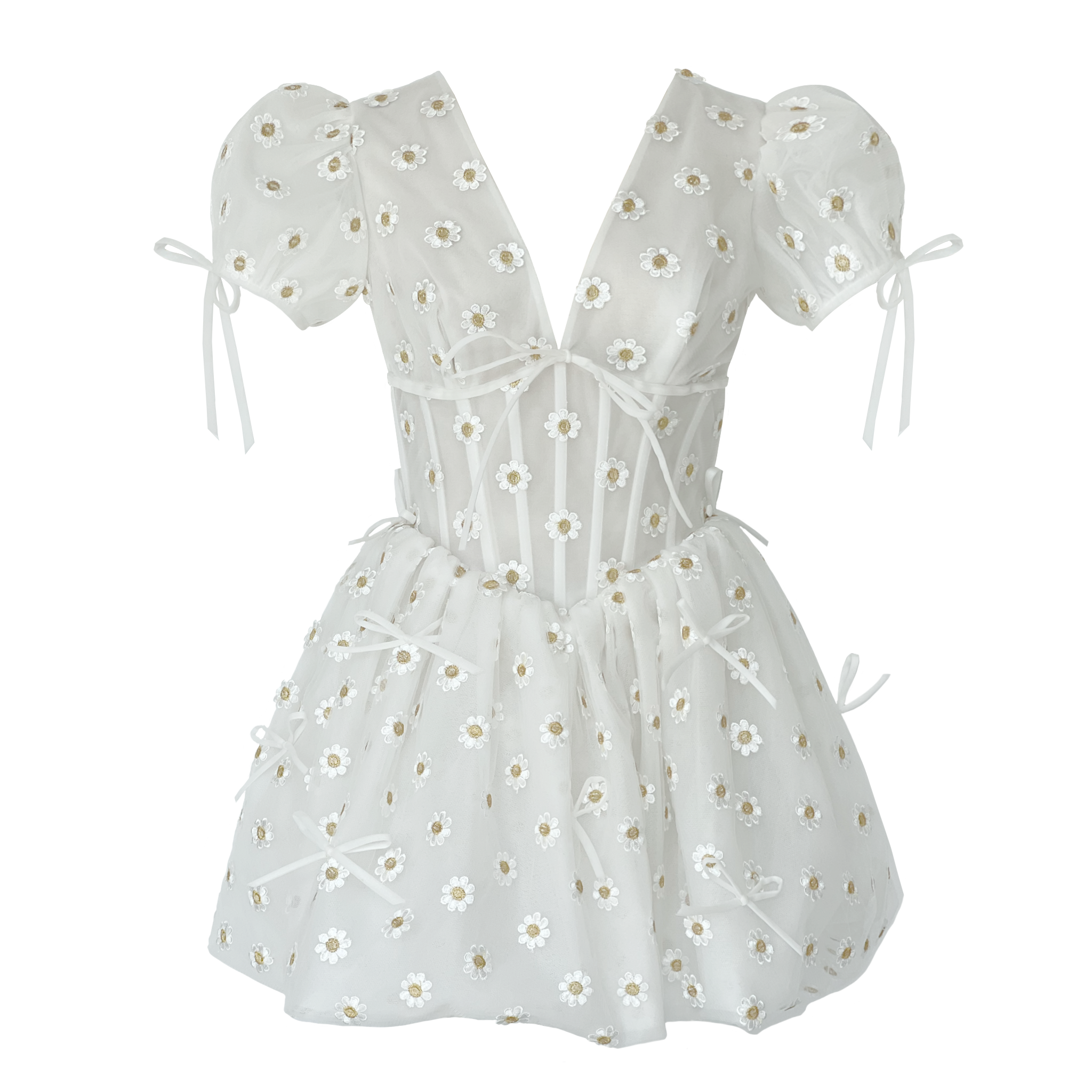 White mini dress with embroidered daisies, v-neck and short sleeves