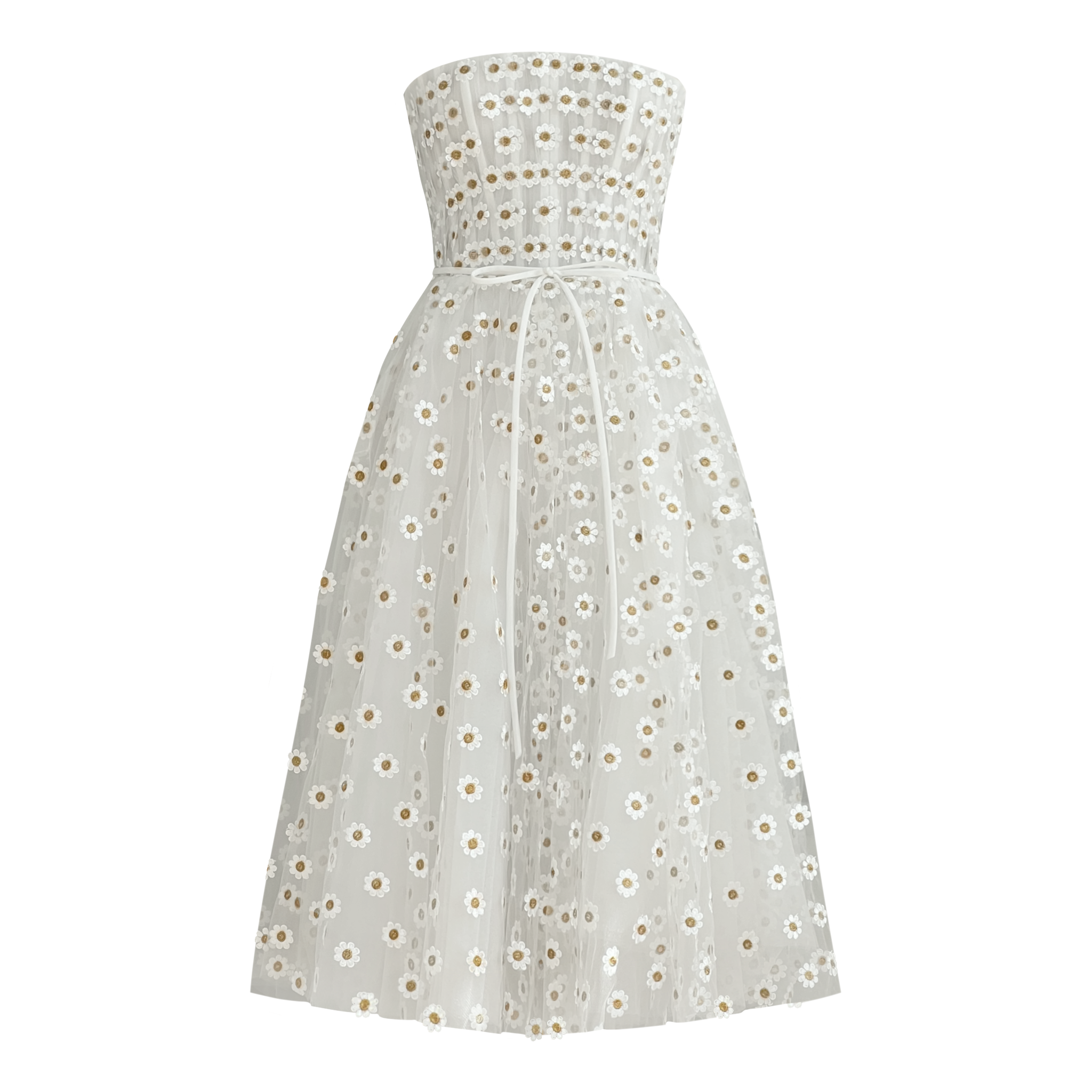 White midi dress with embroidered daisies and no sleeves