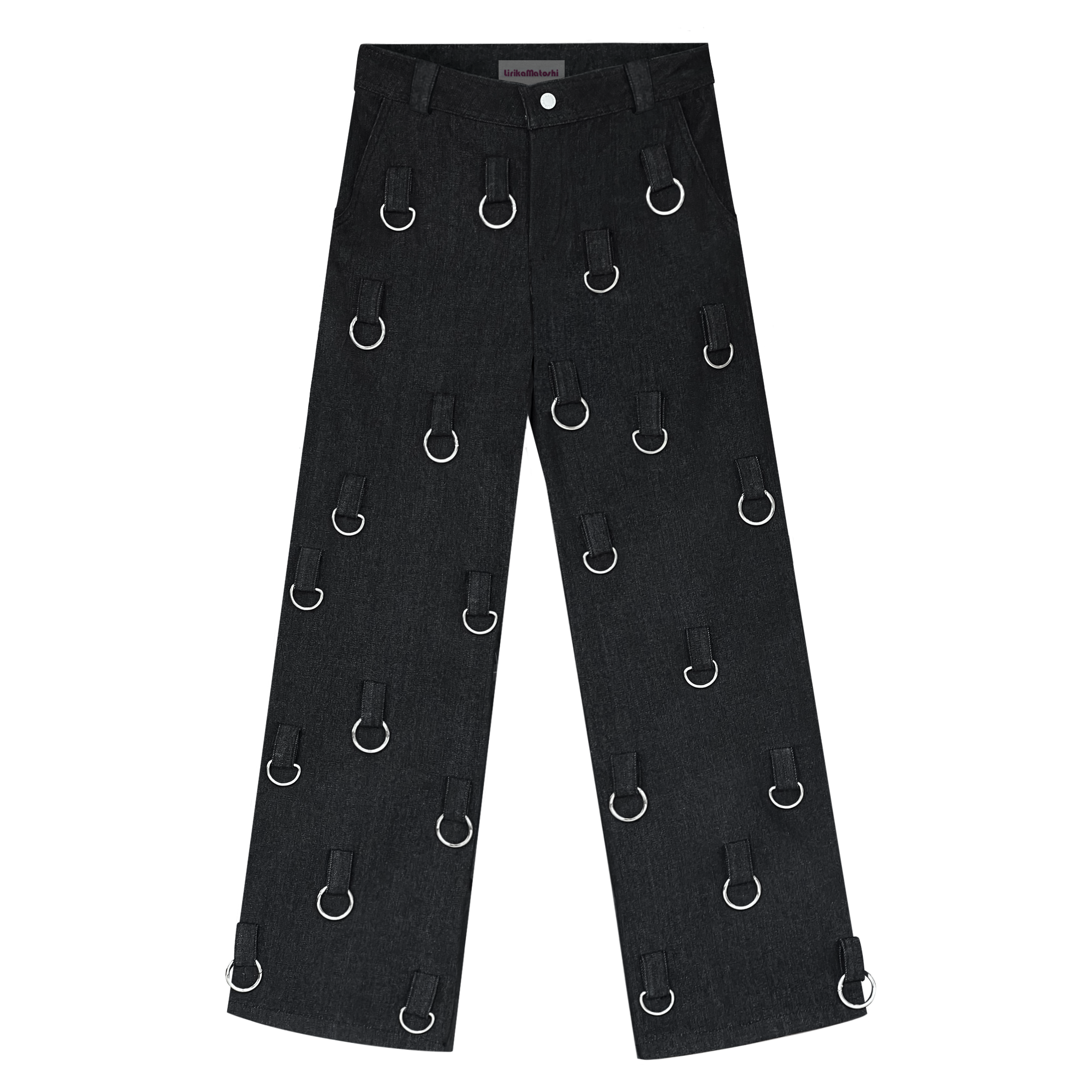 Black denim pants with silver hoops