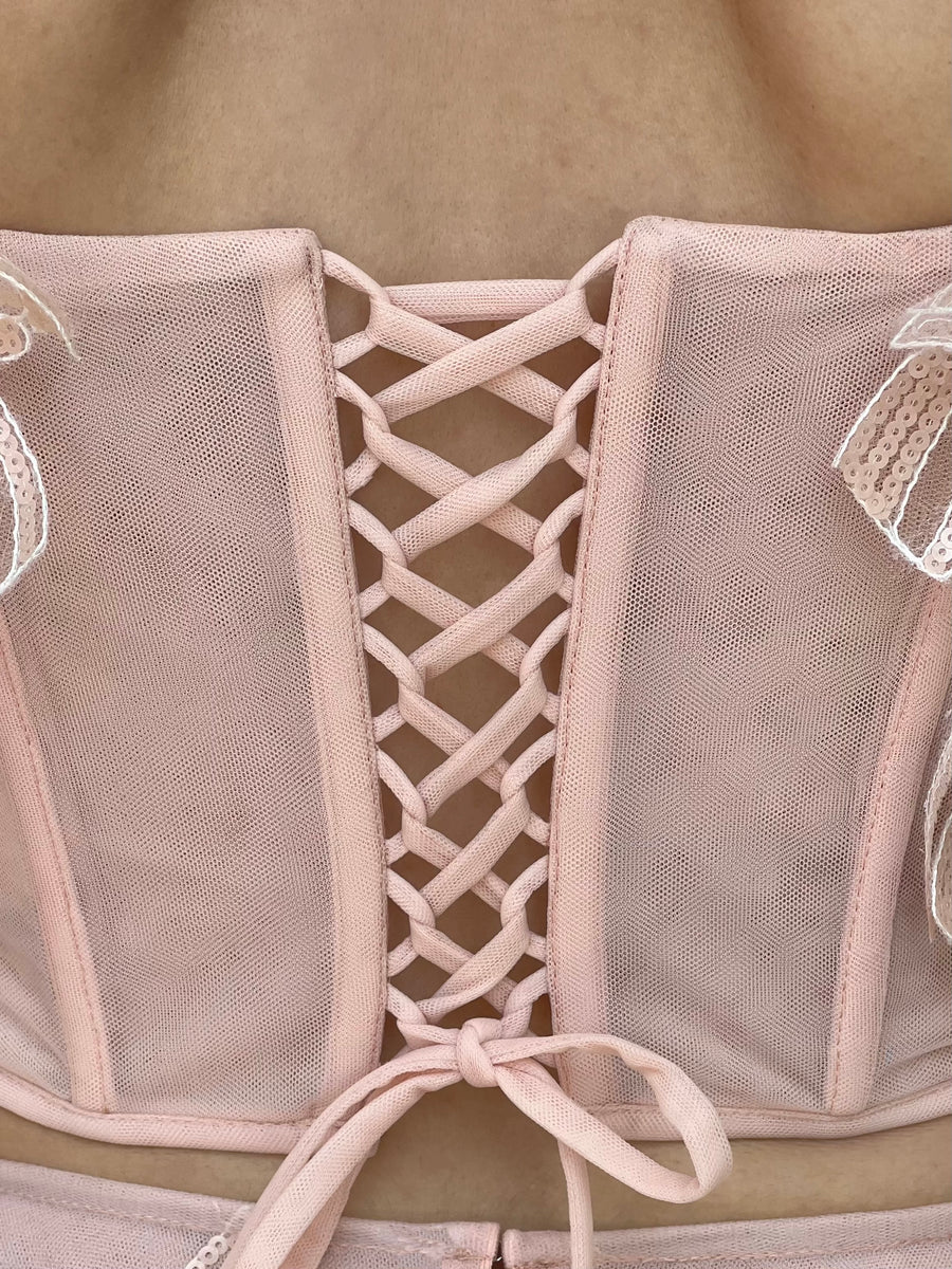 Pink midi two piece dress with embroidered butterflies