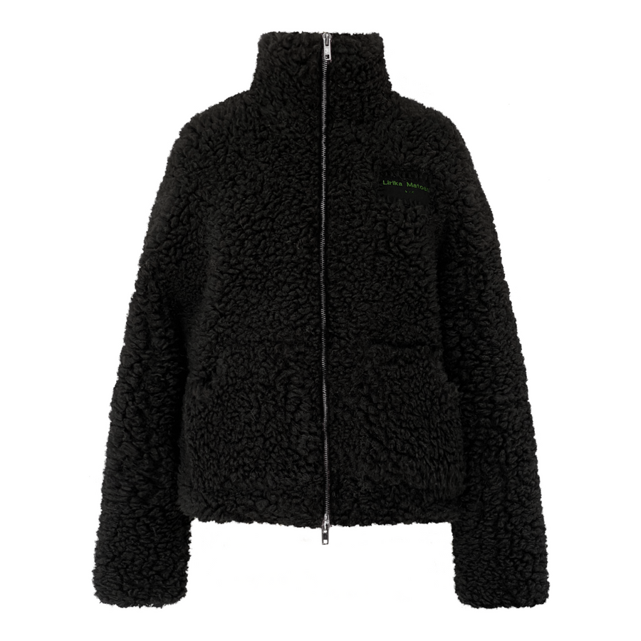Black fleece jacket with a brand logo