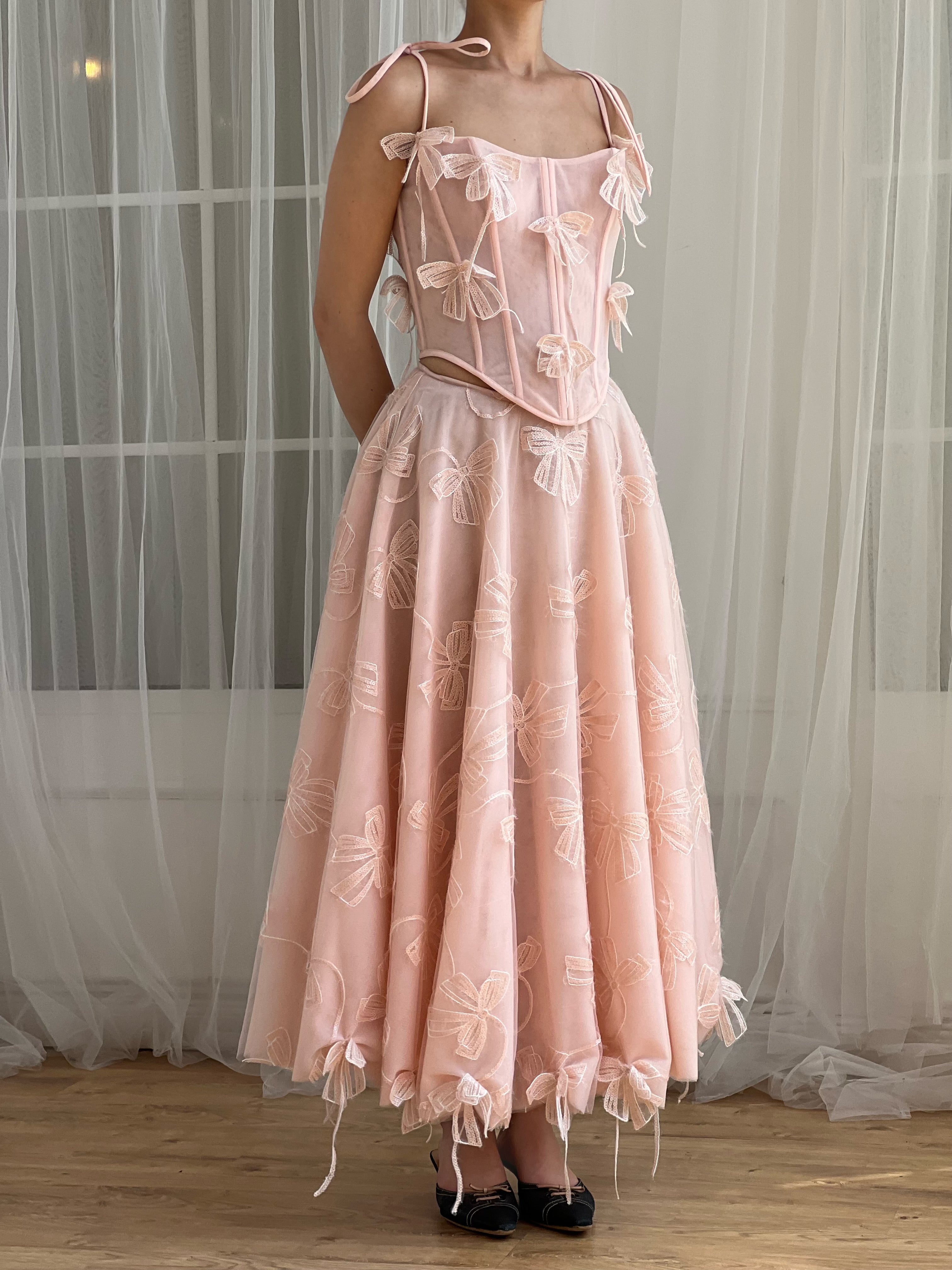 Pink midi two piece dress with embroidered butterflies