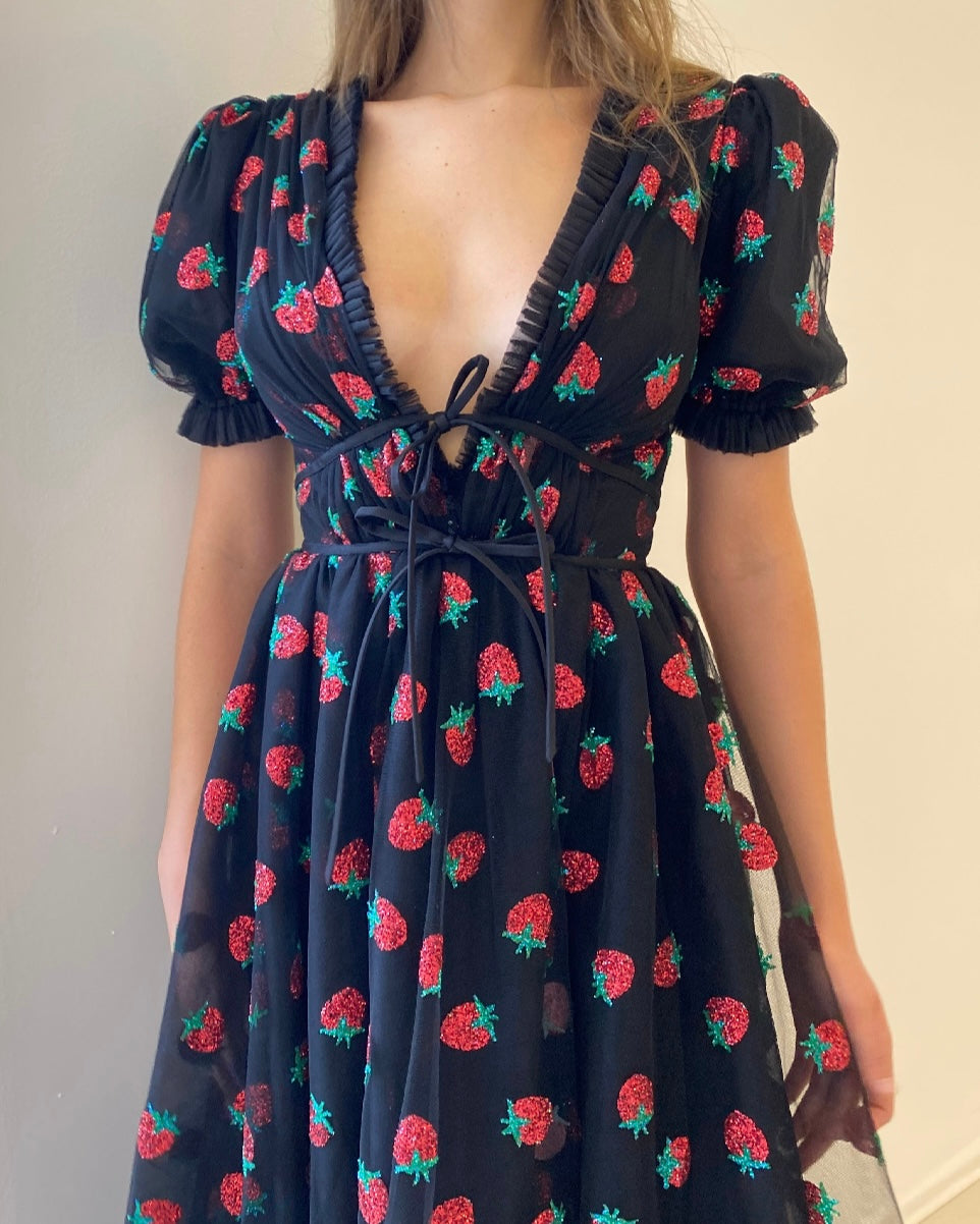 Strawberry Midi Dress Black