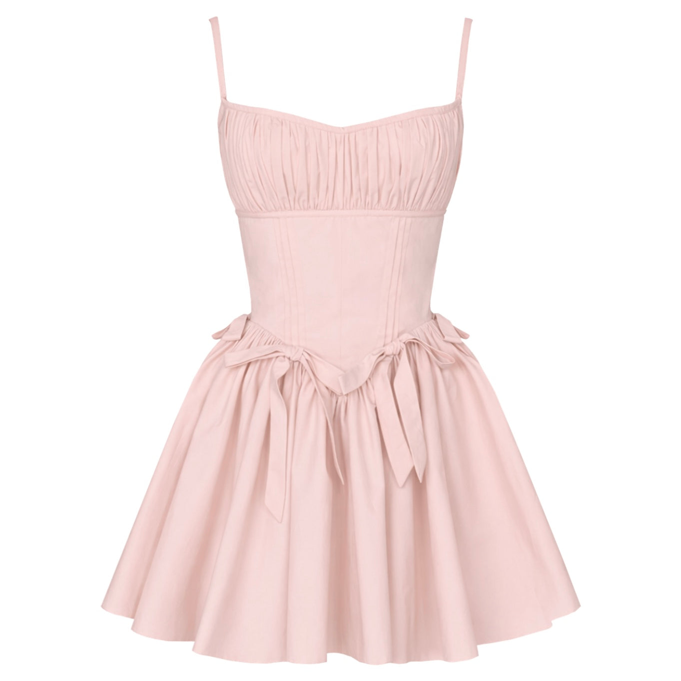 Pink mini dress with straps and embroidered bows