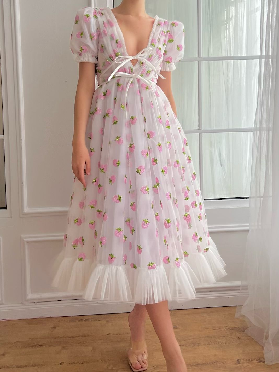 White strawberry midi dress