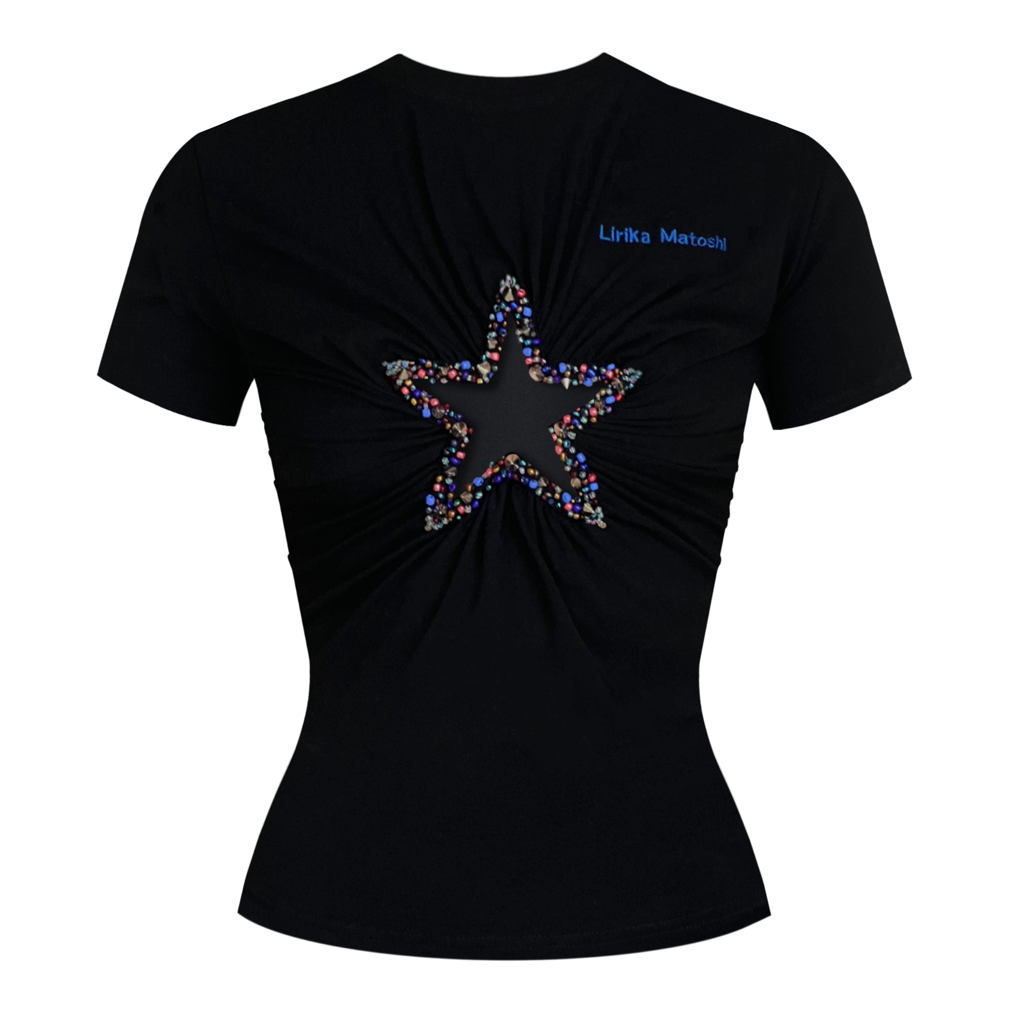 Black t-shirt with a colorful star design and embroidered brand logo
