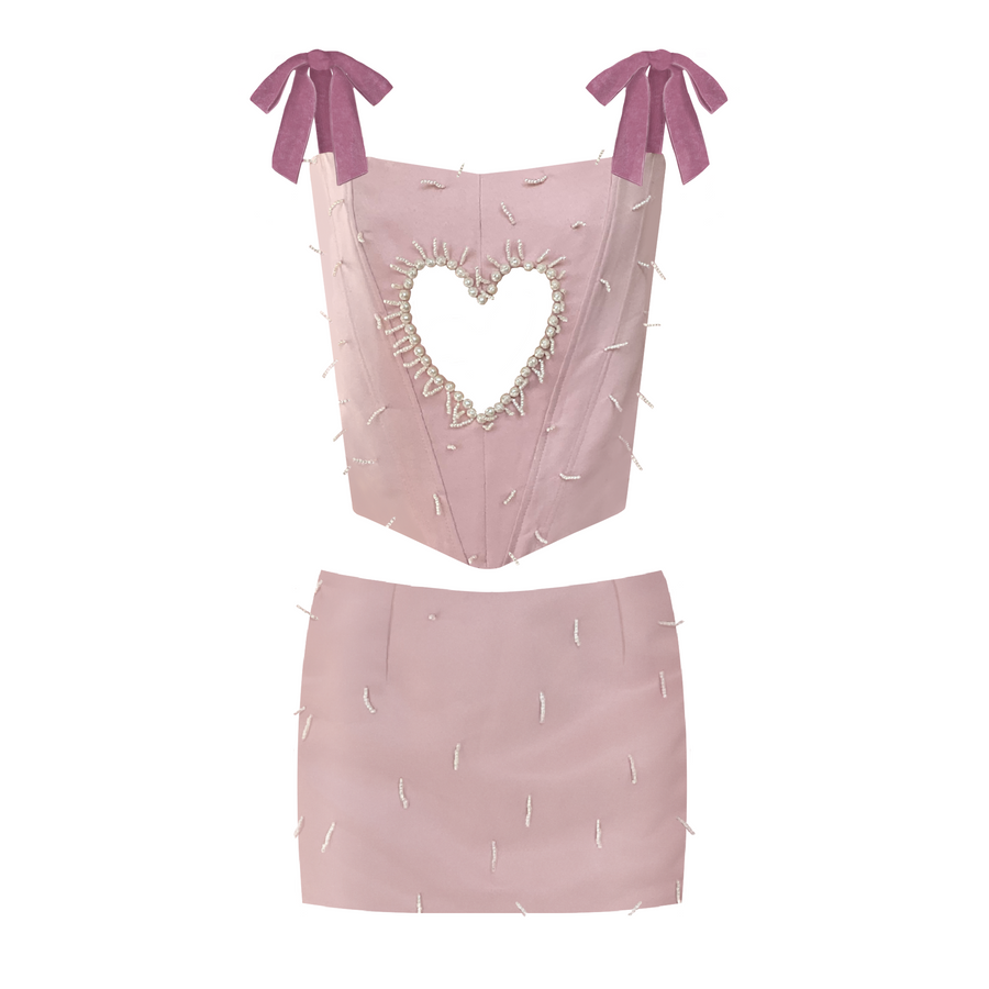 Heart Pink Satin Top and Skirt