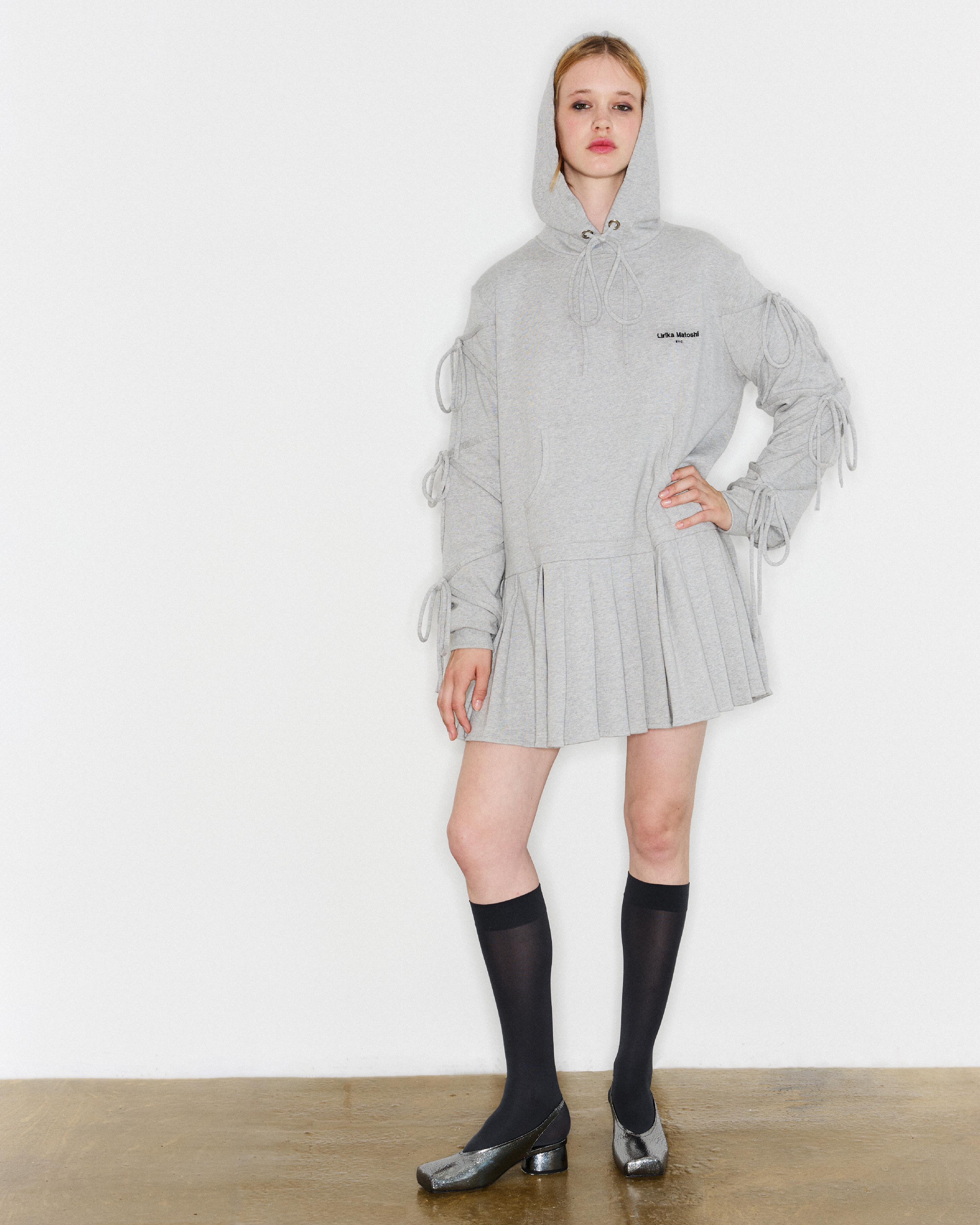 grey sweatshirt dress with bows and long sleeves