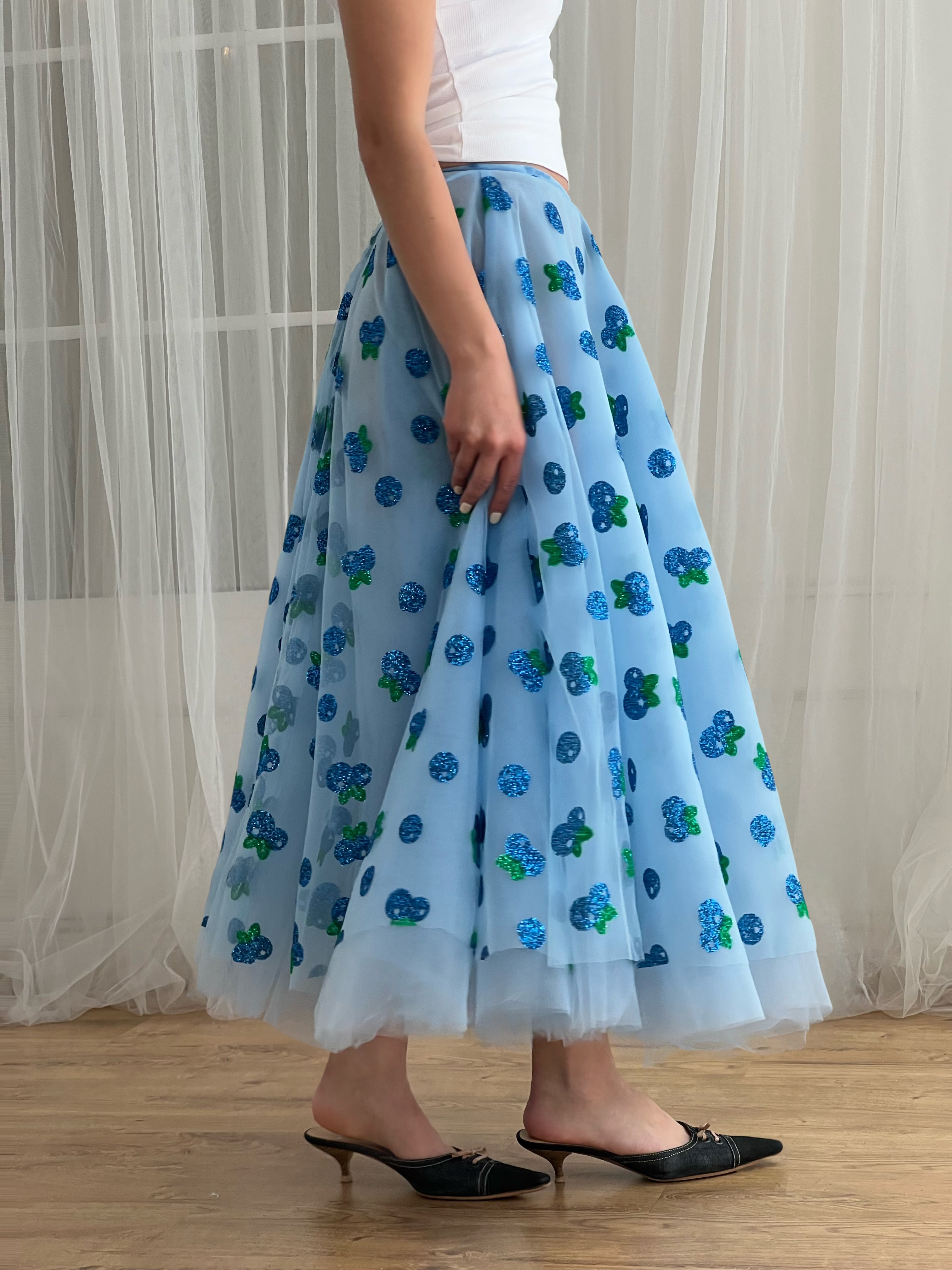 Blueberry blue tulle midi skirt
