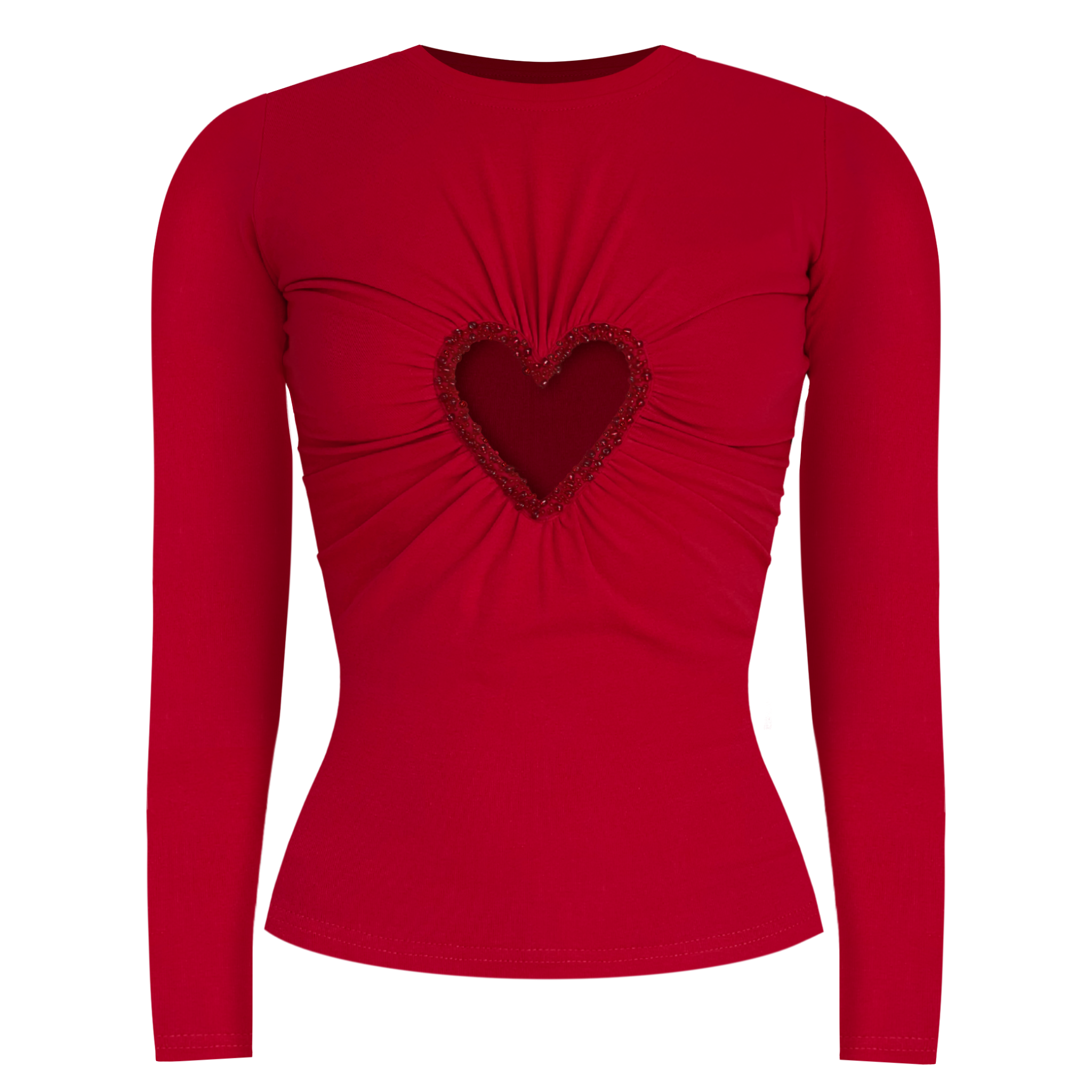 Red long-sleeve top with a heart design on