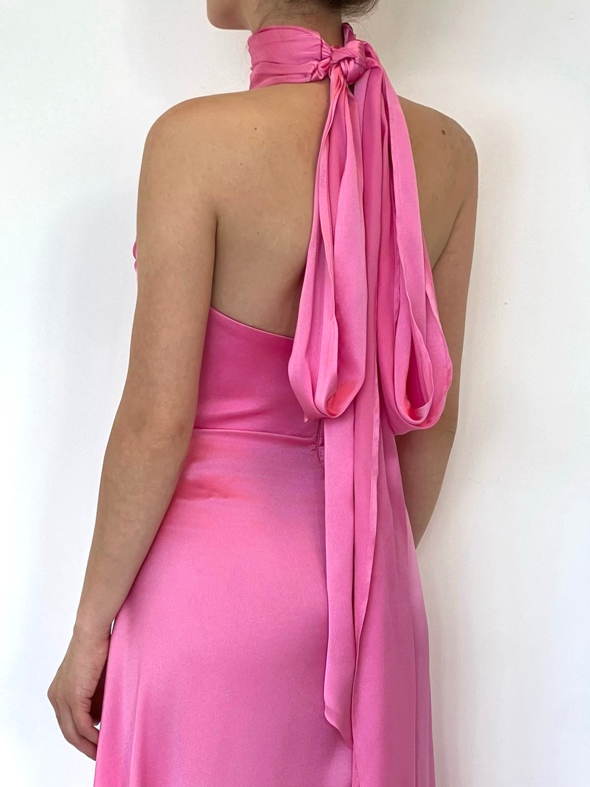 Pink halter neck gown with a heart-shaped cutout