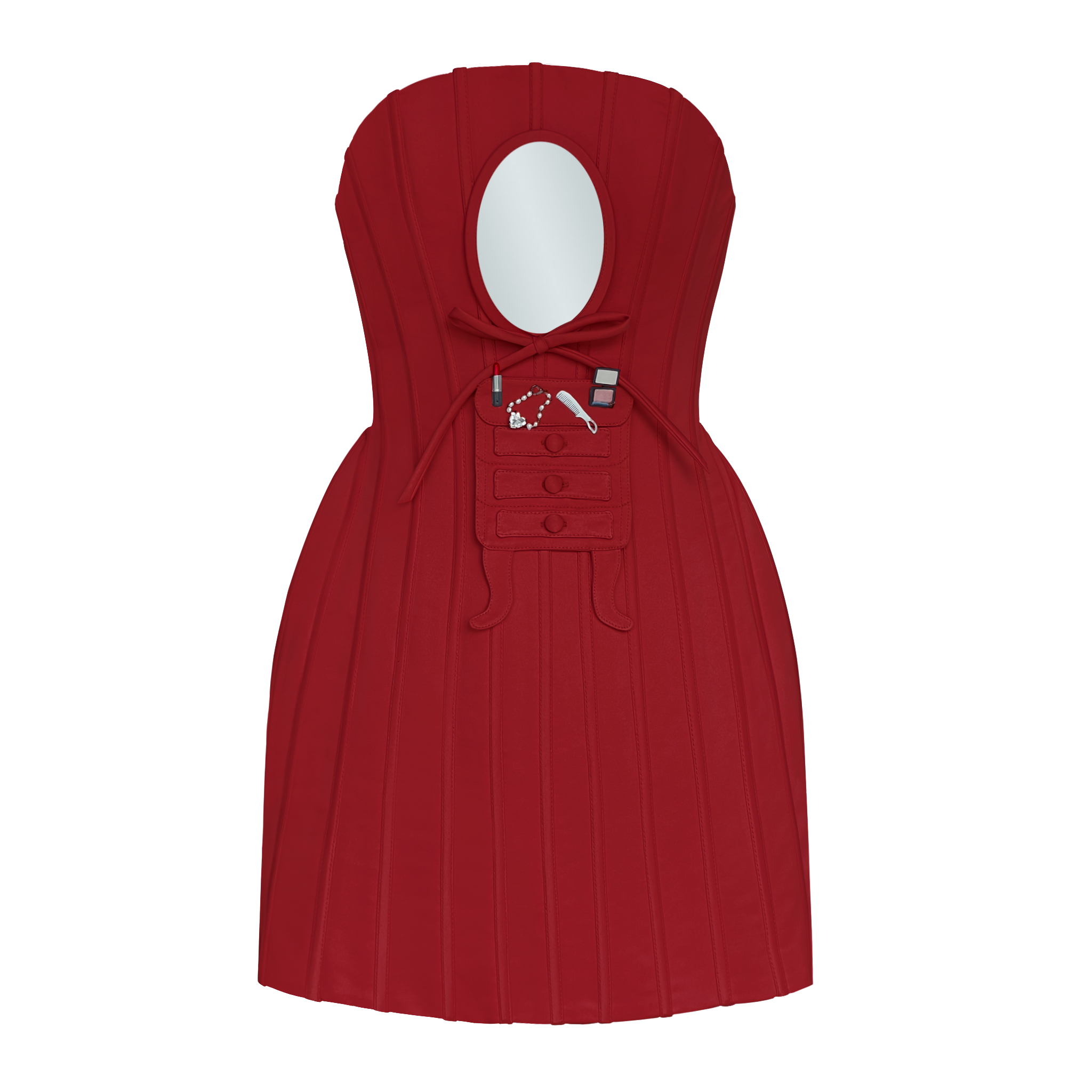Red mini dress with embroidered figures, mirror and no sleeves